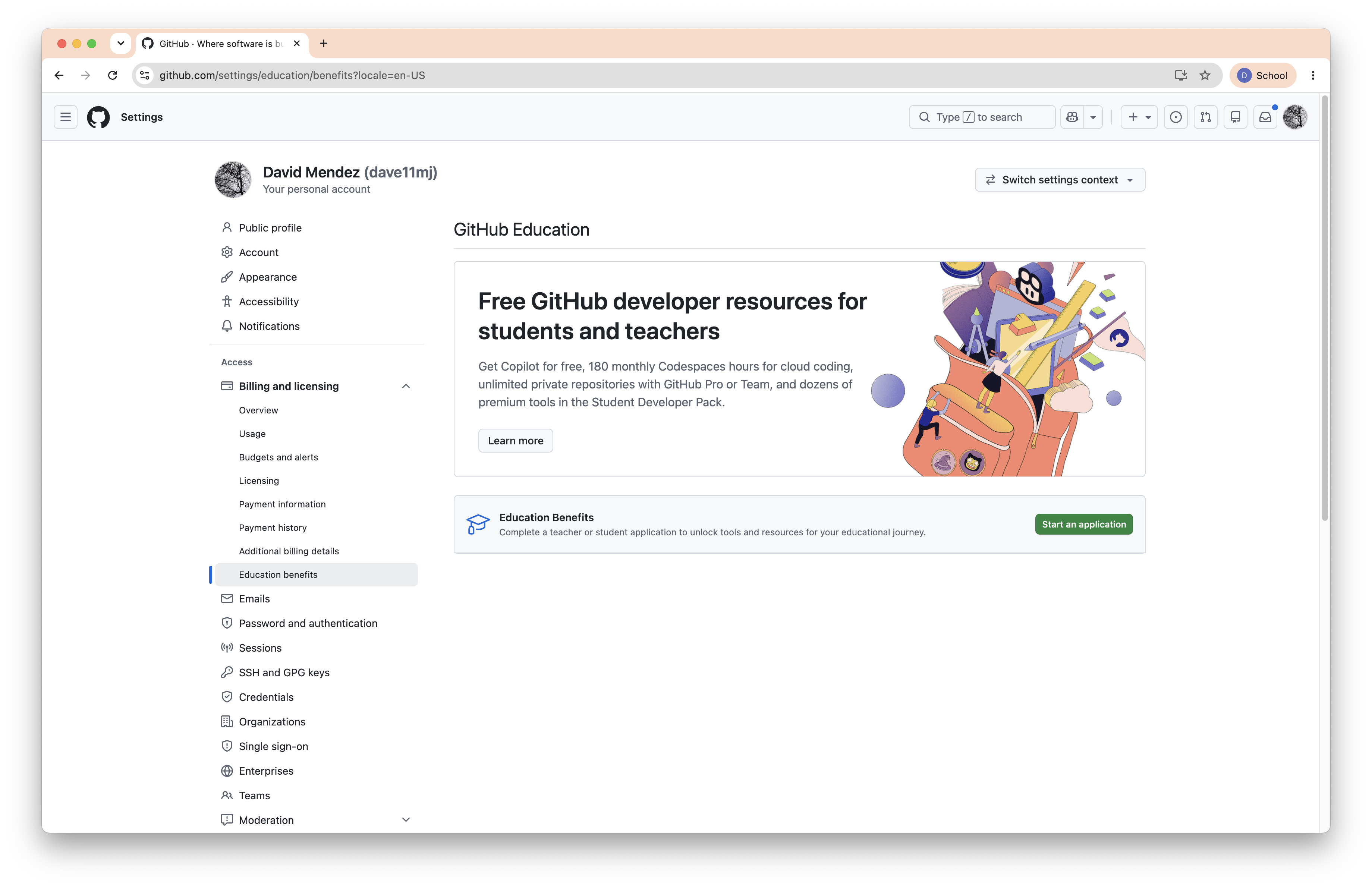 Go to github.com/settings/education/benefits to start the application.