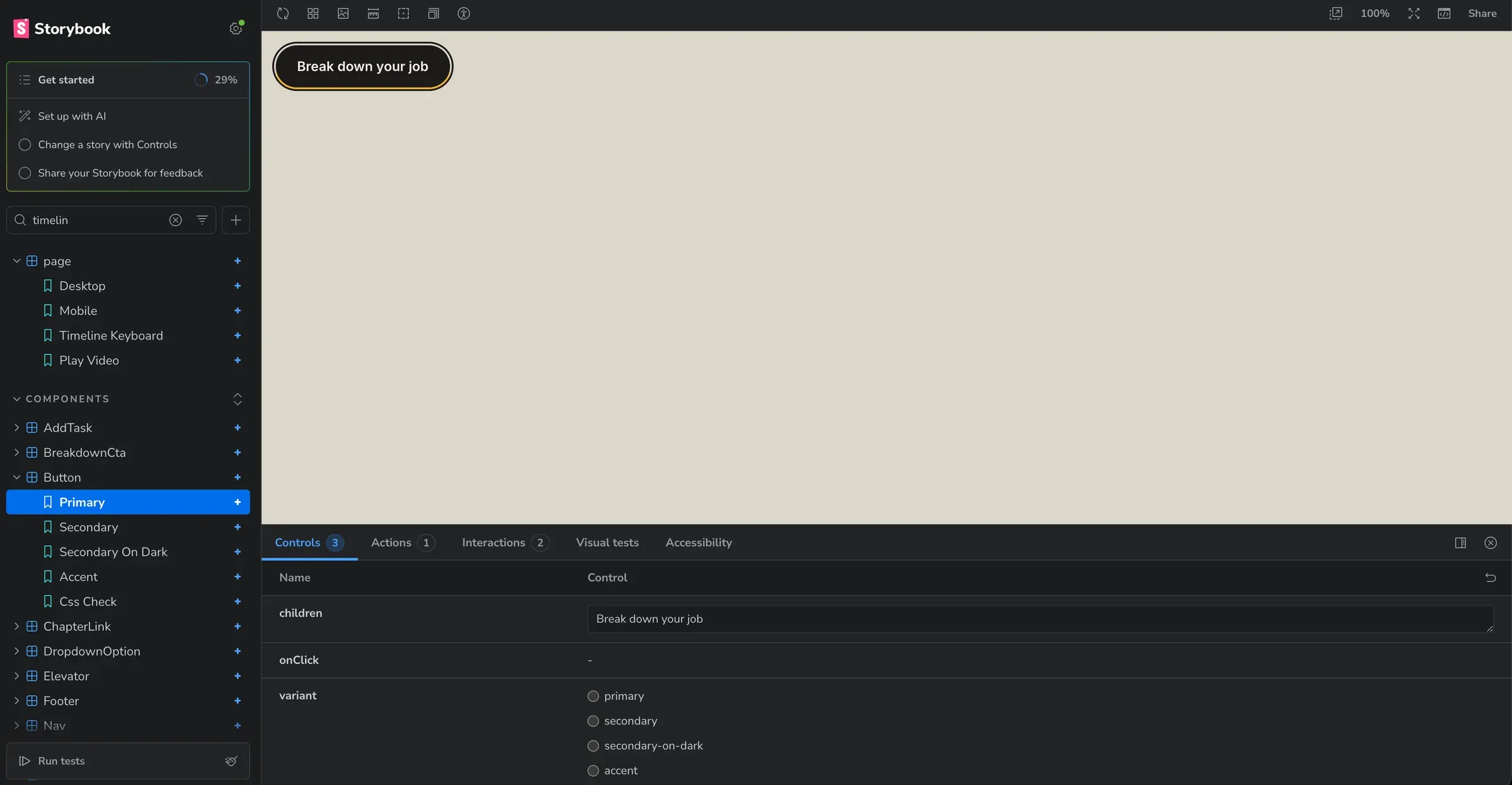 Storybook interface with a component sidebar, preview canvas, toolbar and addon panel